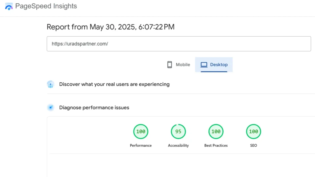 Desktop Version Google Page Speed Insights for uradspartner.com