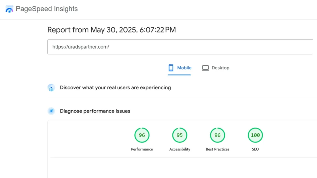 Mobile Version Google Page Speed for uradspartner.com